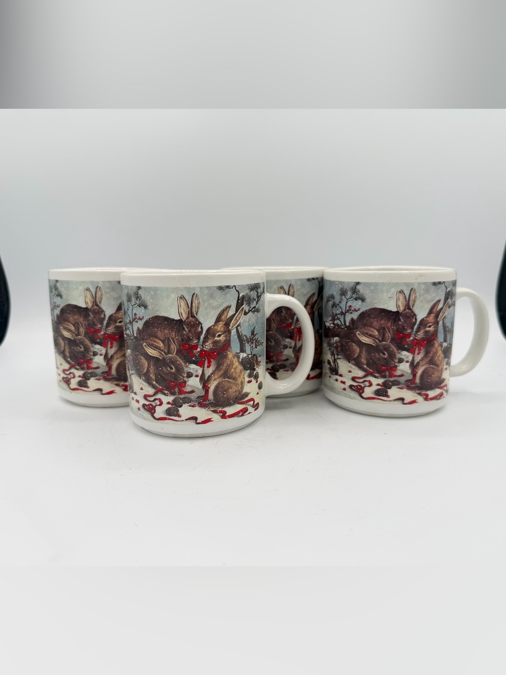 Set of 4 Vintage Winter Rabbits Coffee Mugs Taiwan Christmas Bunny Cups 10 Oz - Picture 2 of 9